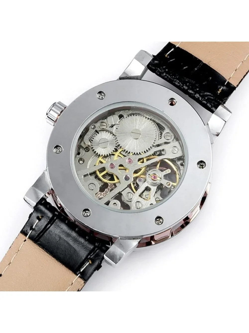 Stylish Men's Mechanical Wristwatch, Skeleton Dial, Leather Band, Automatic